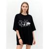 Oversized T Shirt Black WASSUP Text And Cartoon Animal Print Casual Streetwear For Women