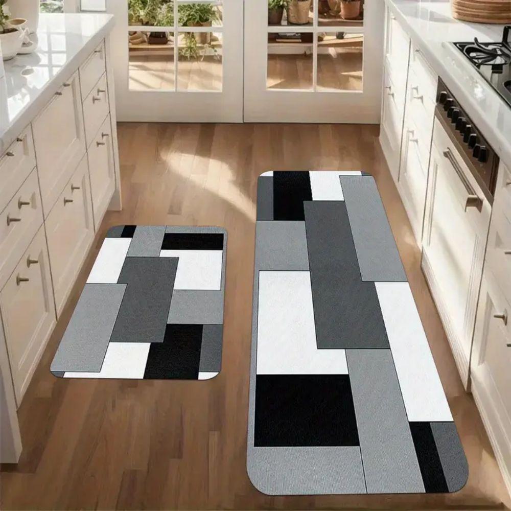 VIKAMA 2pcs Kitchen Carpet, Marble Patchwork Pattern Mat, Anti-Slip, Suitable For Bedroom, Kitchen And Bathroom Entrance Mat