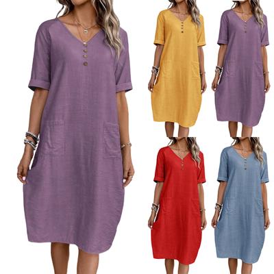 Women's V-Neck Loose Comfortable Short Sleeve Cotton Linen Dress