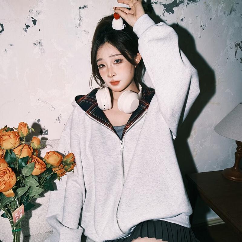 LEMANISM Dachshund Plaid Hooded Zip-Up Jacket