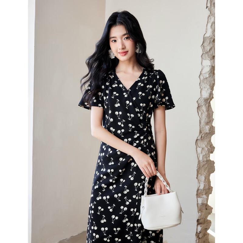 Qiusui Yiren Floral V-Neck Puff Sleeve Midi Dress M