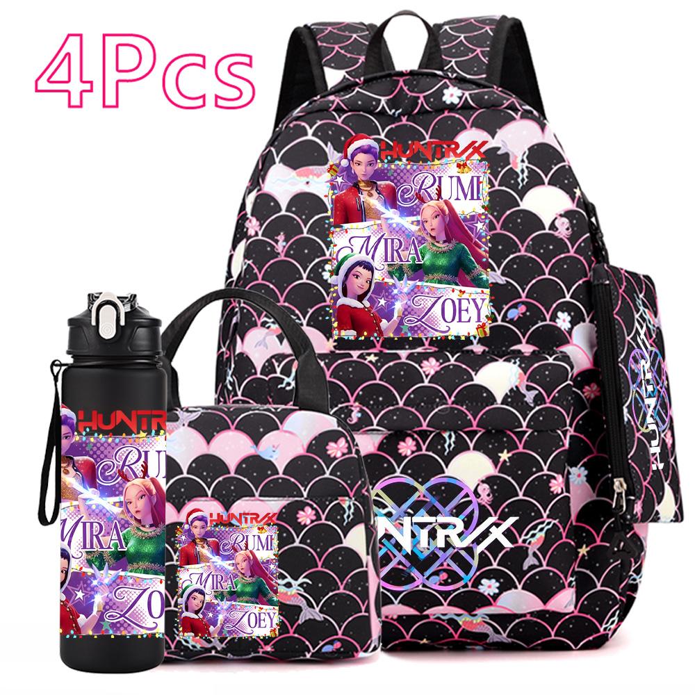 4Pcs/set Christmas Kpop Printed Backpack with Handbag Pencil Case 750Ml Water Bottler for Teenager Boy Girl Large Capacity Bookbag Schoolbag Kid Gift