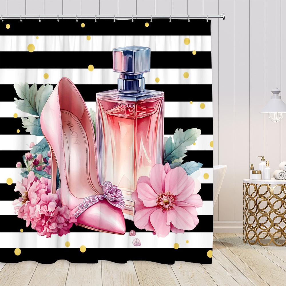 Pink Perfume Shower Curtains Cosmetics High Heels Flowers Black White Stripes Bathroom Decor Girl Fashion Vintage Bath Curtain