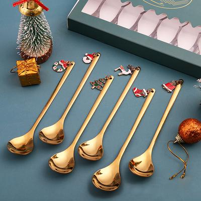 6PCS Christmas Spoons Coffee Cutlery Set Stainless Steel Cutlery Set Dessert Spoon Forks Christmas Gifts Elk Christmas Decoratio