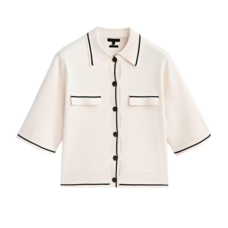 MD Spring New Arrival Women's Lapel Loose Contrast Color Trim Retro Debutante Style Knitting Outwear Cardigan 5663601