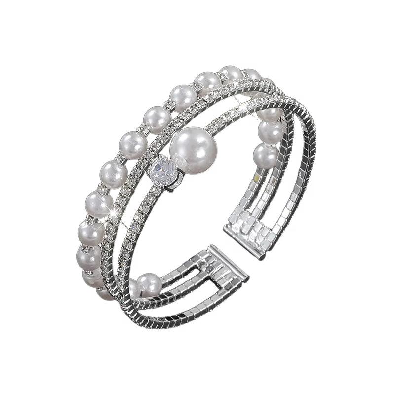 Pearl zircon open bracelet bridal multi-layer full diamond bracelet banquet claw chain rhinestone bracelet