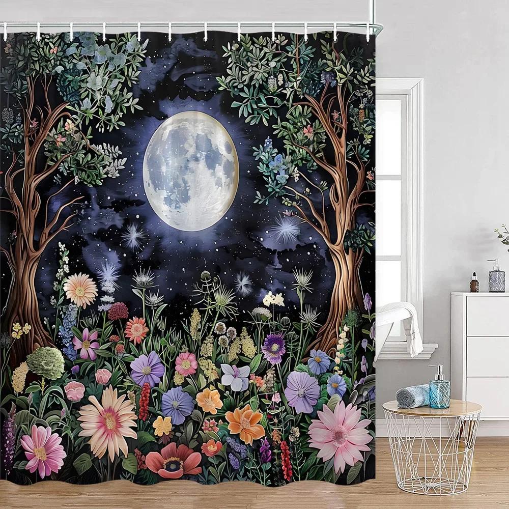 Vintage Dark Color Astrology Shower Curtain Starry Full Moon Night Magic Plant Mushroom Bathtub Curtain Bath Home Decor