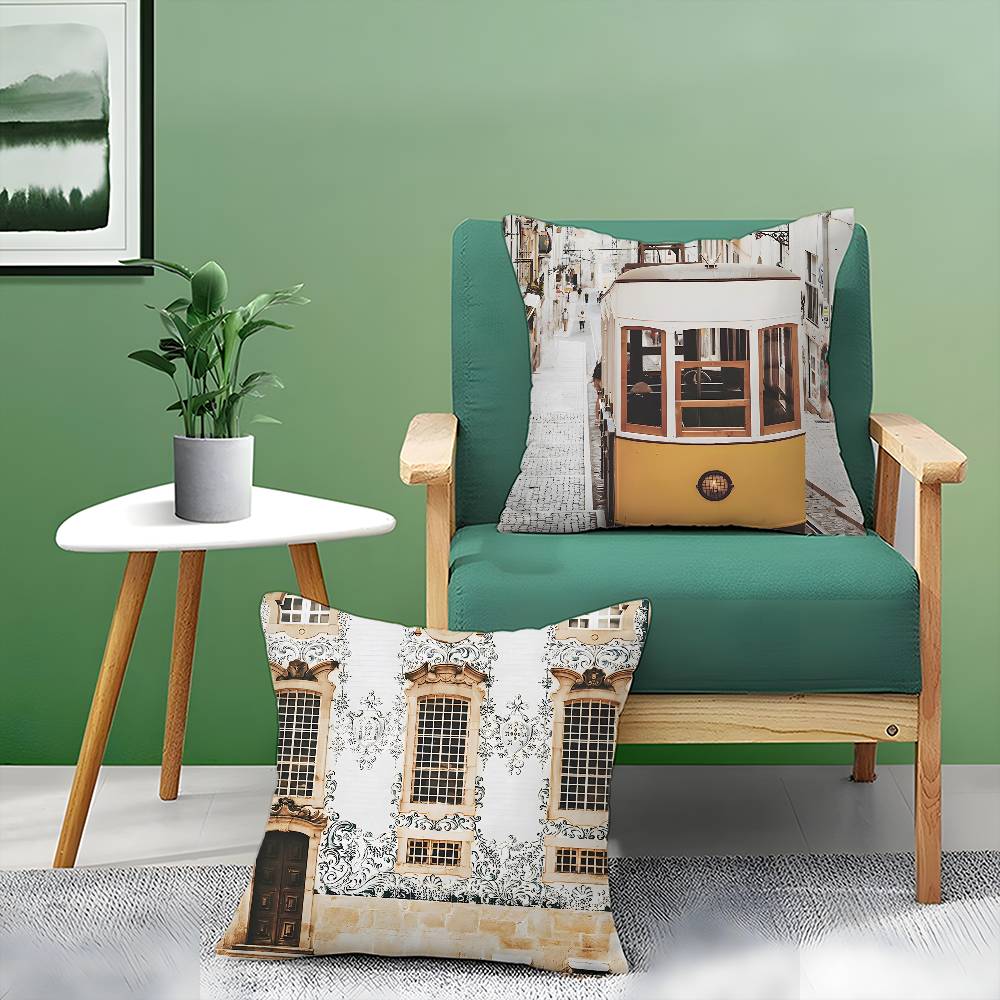 Spanish Beach Island Architecture Art Pillow Case Anti-dustmite Pillowcase Invisible zipper silky short plush Sofa cushion cover