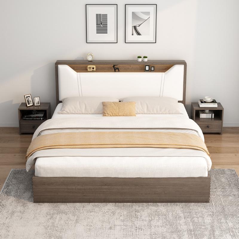 Modern Minimalist Solid Wood Panel Bed - Double (1.8m) or Single (1.2m) for Master Bedroom or Rental Room