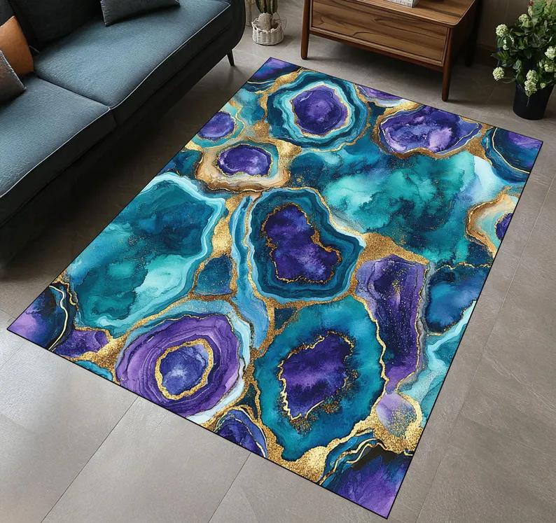 Amethyst Gold Carpet Turquoise Amethyst Marble Pattern Carpet Blue Purple White Marble Series Carpet Home Decoration