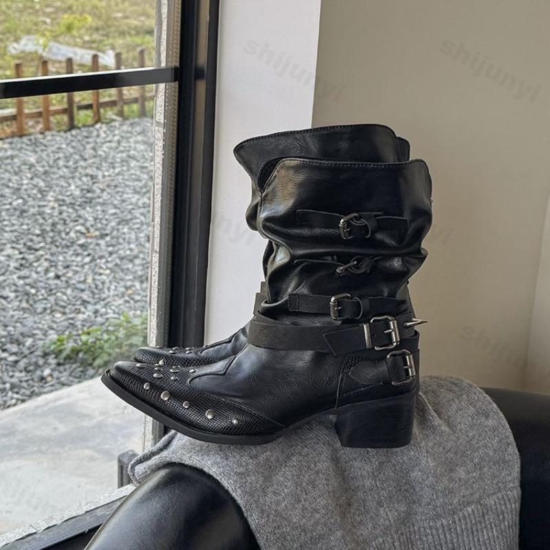 Woman Knight Boots Vintage Rivet Hottie Shoes 2026 Autumn Ladies Elegant Pointed Toe Thick Heel Western Cowboy Botas Para Mujer