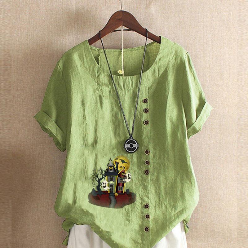 

Жіноча мода Футболка з круглим вирізом та коротким рукавом Повсякденна бавовняно-лляна футболка з графічним принтом Дозвілля Вільна Футболка з принтом будинку з привидами Літня блуза Топи 5XL