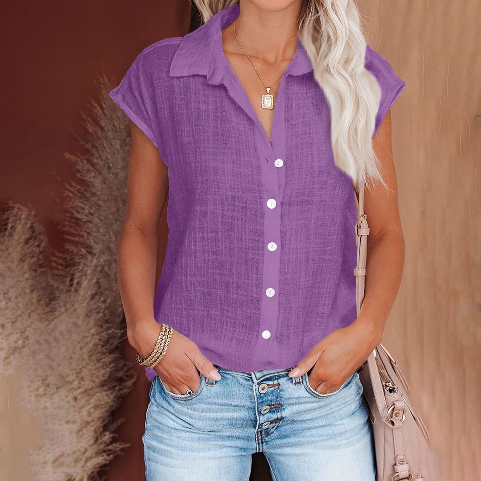 

Женская мода, однотонная однобортная рубашка, повседневный топ с короткими рукавами XL фиолетовый