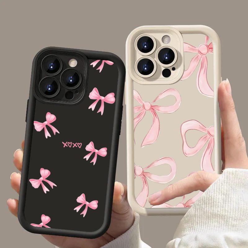 Pink Bow Knot Silicone Phone Case For iPhone 15 14 13 12 11 16 Pro Max 7 8 Plus X XS XR SE 2020 Shockproof Candy Soft Cover