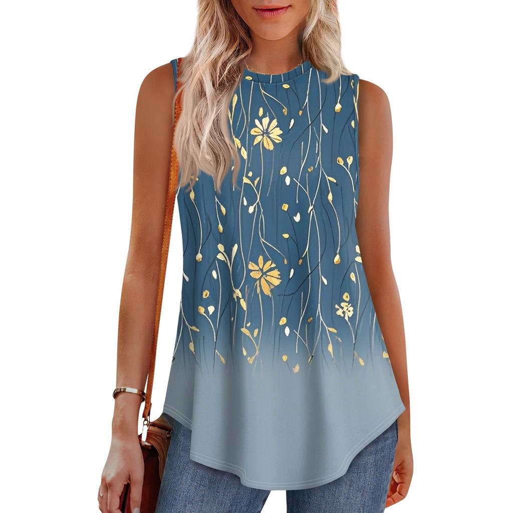 Women's Fashion Casual Sleeveless Vest Vintage Print Crew-neck Sleeveless Top