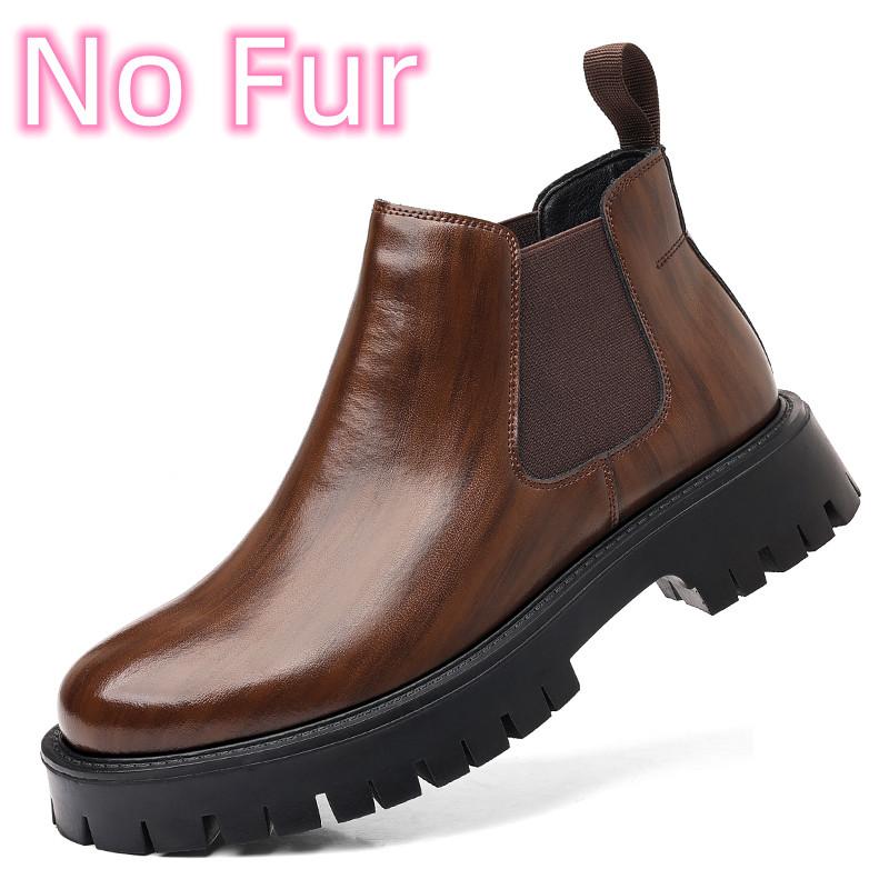 Slip on Leather Basic Boots Man Round Toe Style Outdoor Motorcycle Boots Warm Plush Fur Winter Boots for Men Comfy Outdoor Shoes