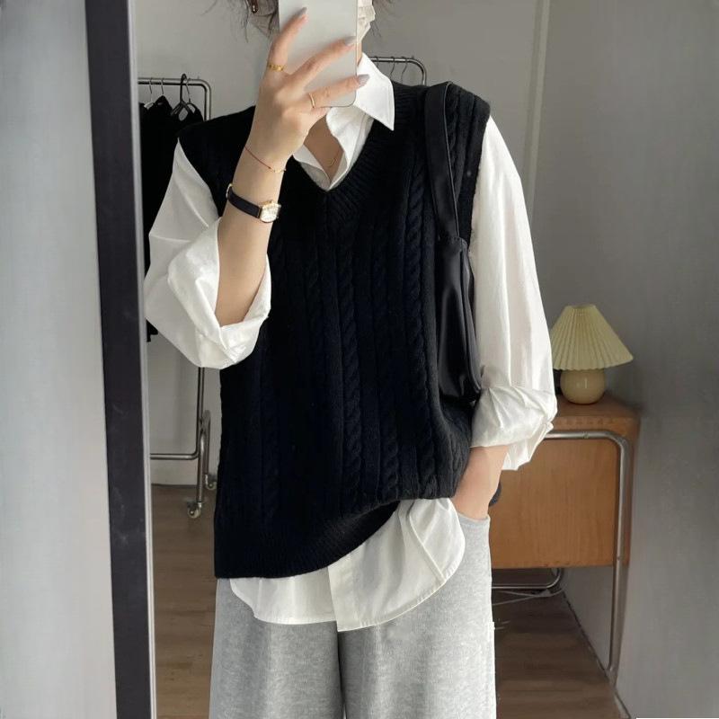 

Женский жилет с V-образным вырезом и кабельным узором, кардиган, жилет, многослойный свитер-топ на весну-осень One szie