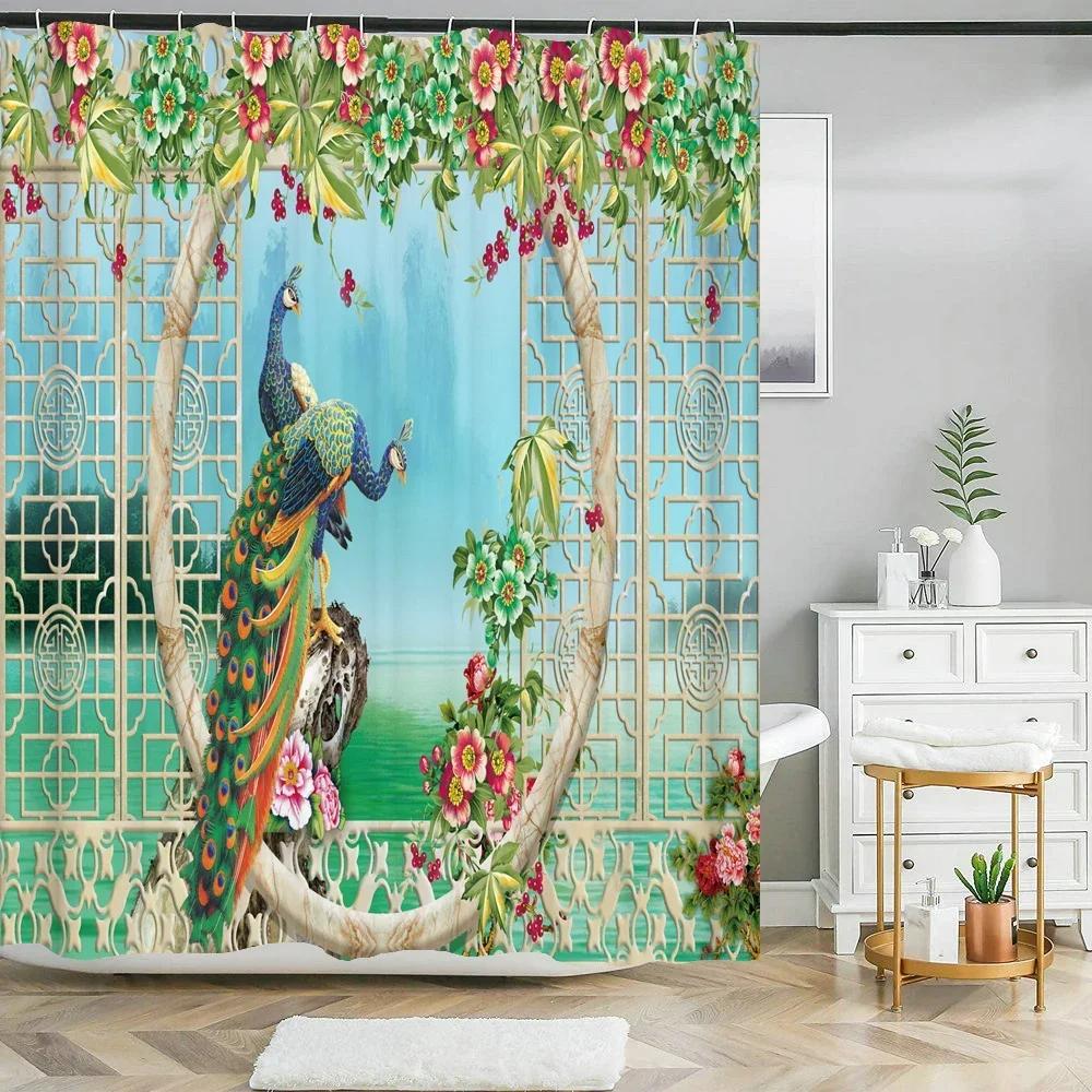 Duschvorhänge im chinesischen Stil mit Blumen und Vögeln, wasserdicht, Badezimmervorhang, 3D-bedruckter Stoff mit Haken, Dekoration, Duschvorhang
