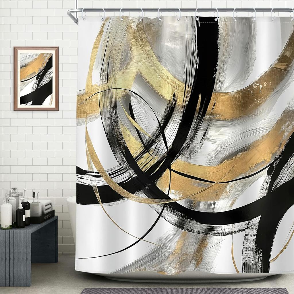 Schwarzer Abstraktes Duschvorhang Modern Graffiti Minimalistische Linienkunst Einfache Geometrische Skizze Ästhetisch Cool Einzigartig für Mann Badezimmer