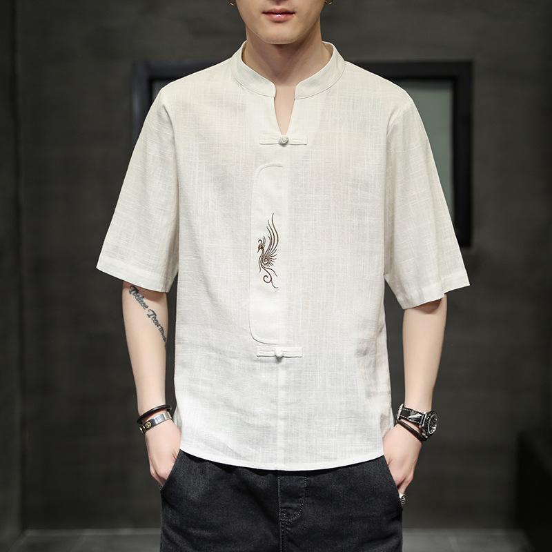 Men's Summer Chinese Style Solid Color Casual Short-sleeved T-shirt Youth Thin V-neck Embroidered Blouse