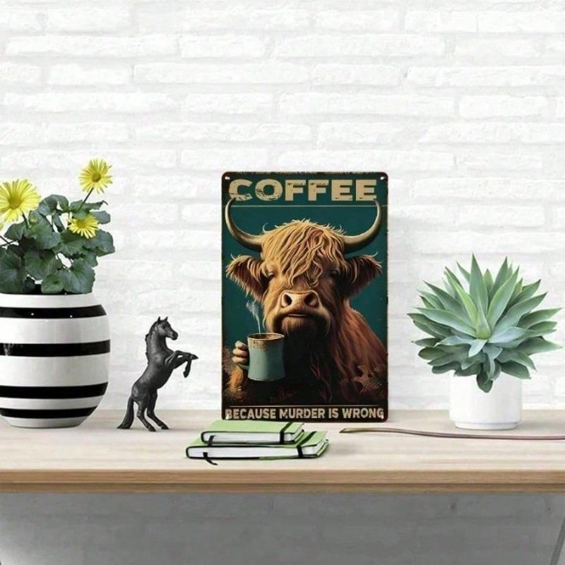 HEMITONG Rustic Highland Cow Metal Tin Sign 8x12 Inch, Vintage "Coffee Is Wrong" Wall Decor Art for Kitchen Cafe Coffee Shop, Fu