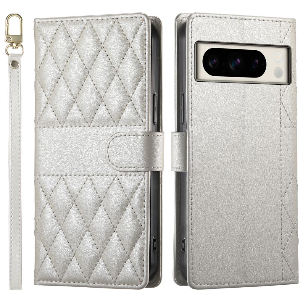 Für Google Pixel 8 Pro Hülle Rautensteppung Brieftasche Ständer Leder Handyhülle mit langem/kurzem Riemen
