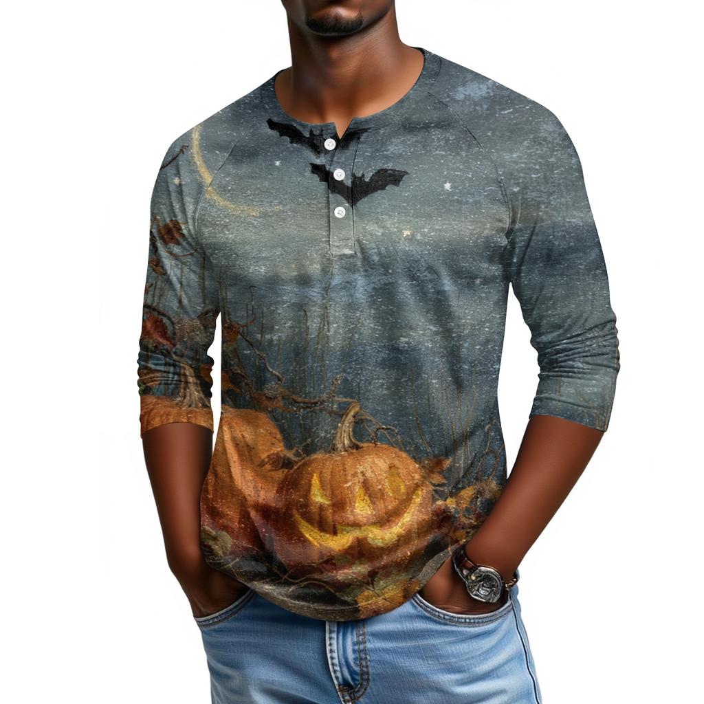 Men's Casual Halloween Print Raglan Sleeve Henley Shirt Three Quarter Sleeve Lightweight Comfortable Top for Everyday Wear
