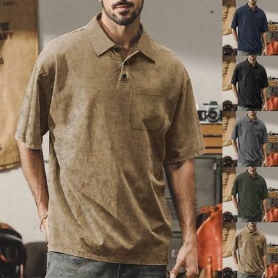 Men's Retro Washed Heavy Weight Short Sleeve Loose Casual Top Lapel Button T-Shirt