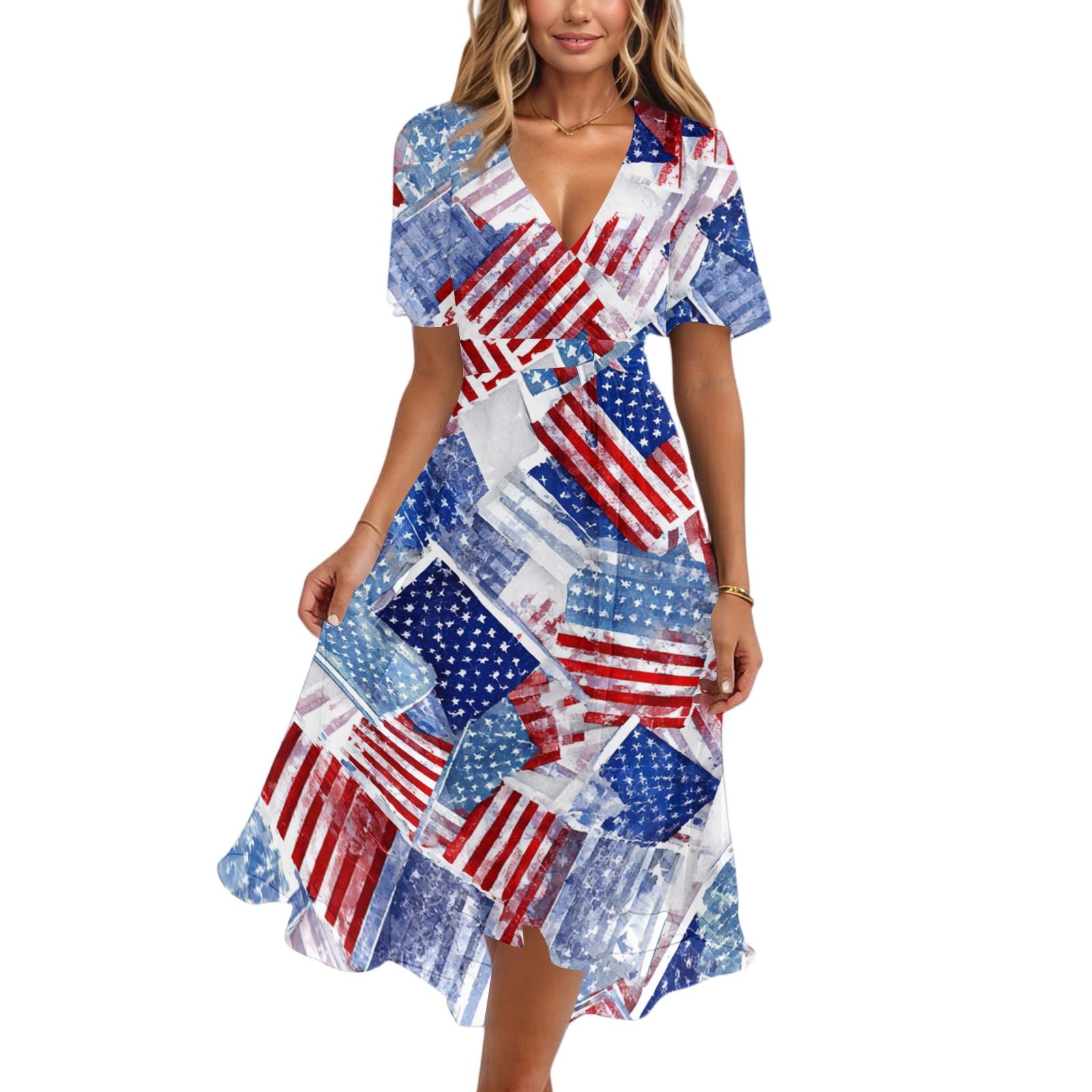 

Женское повседневное платье с V-образным вырезом, коротким рукавом и принтом ко Дню независимости M синий