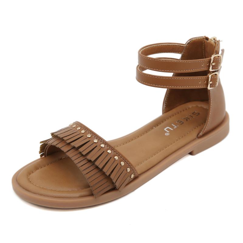 

Brown Fringe Flat Sandals With Studded Detail Double Ankle Strap Back Zipper Comfortable Open Toe Summer Shoes For Daily Walking 35