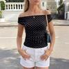 Women’s Off Shoulder Polka Dot Slim Fit Top Casual Short Sleeve Stretchy Blouse for Summer Fashion and Everyday Wear