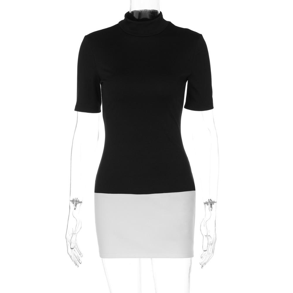 Women's Mock Neck Three Quarter Sleeve Mini Dress Slim Fit Mid Rise Streetwear Color Block Bodycon Dress