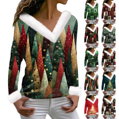Women's T Shirt Tee Christmas Shirt Long Sleeve Party Christmas Print Fleece Collar V Neck Top