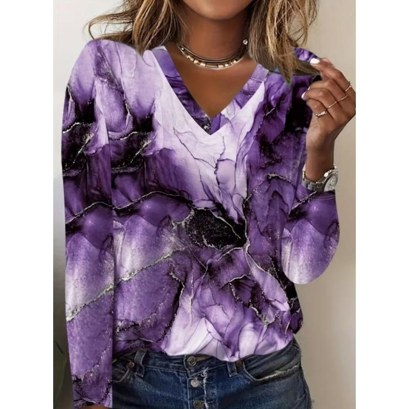 Vintage Women's T-Shirt Floral Graphic Plants Elegant Fashion Tee Long Sleeve T-shirts V-Neck Regular Tops Pullover Fall Winter