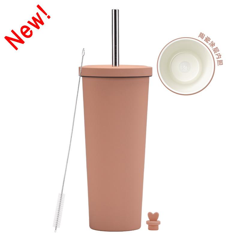 2025 Ceramic Liner Milk Tea Cup Large Capacity 830Ml Thermos Cup Stainless Steel Straw Cup