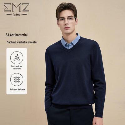 EMZ Men's Machine Washable Merino Wool V-Neck Sweater