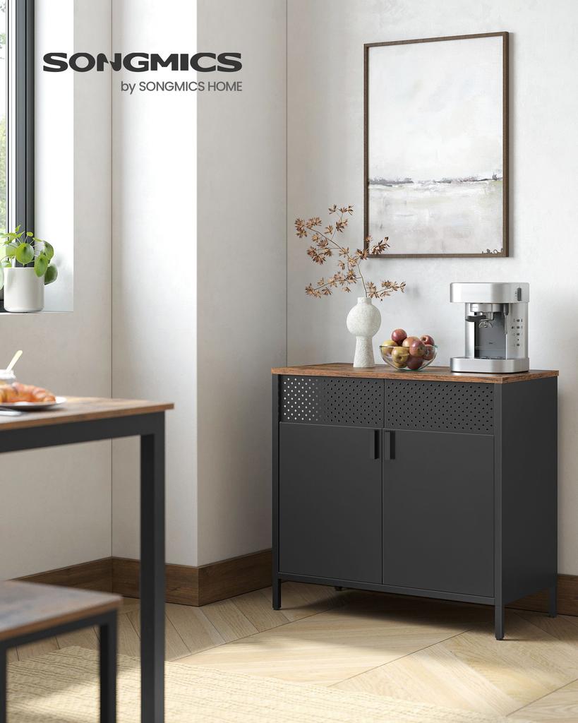 SONGMICS Storage Cabinet, Double-Door Floor Cabinet with Magnetic Closure, Adjustable Shelf, Steel Frame, Industrial Style, Space-Saving
