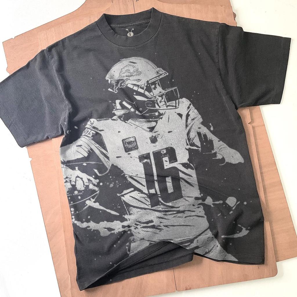 Jared Goff Handmade Bleached T-Shirt: Faded Black Football Tee
