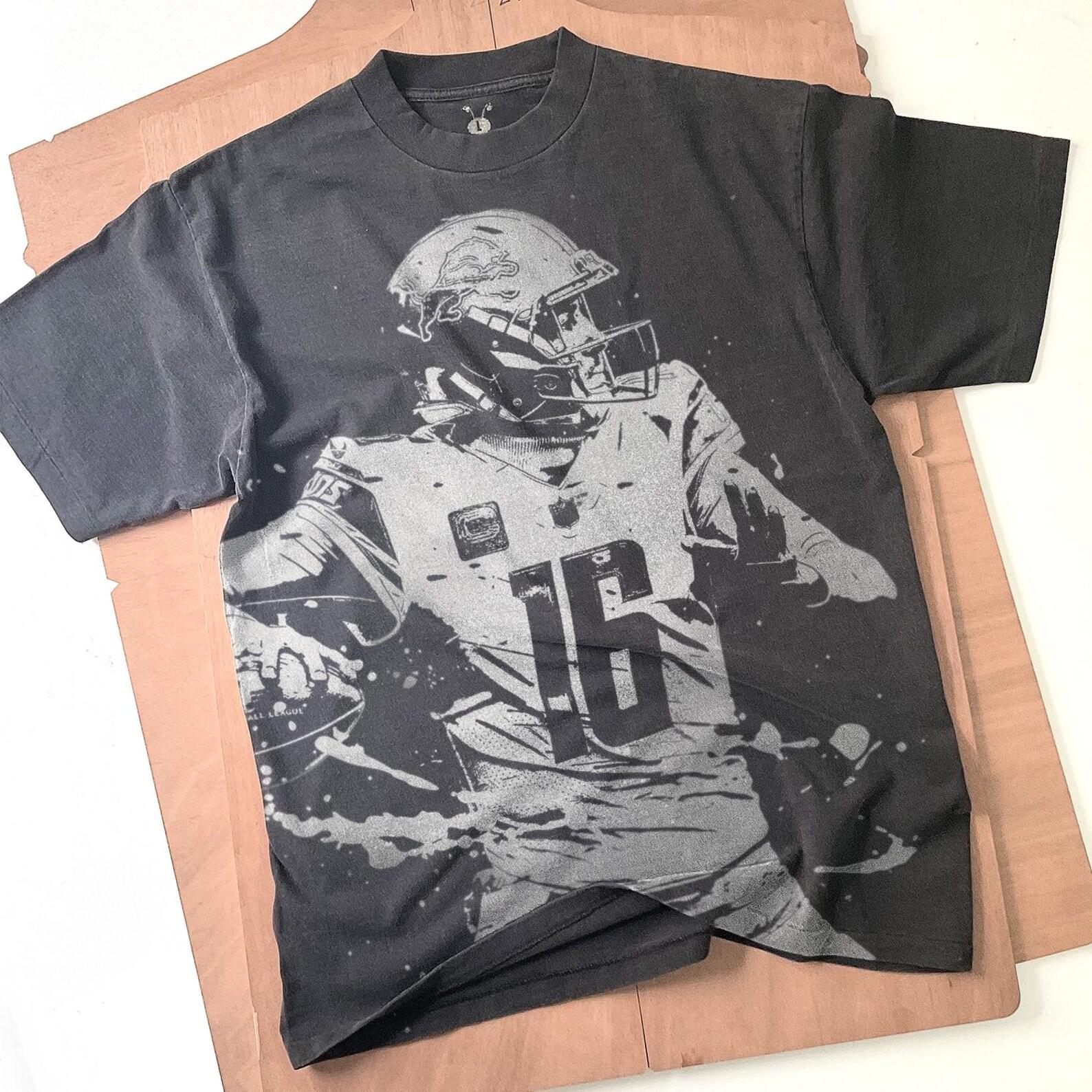 Jared Goff Handmade Bleached T-Shirt: Faded Black Football Tee XL