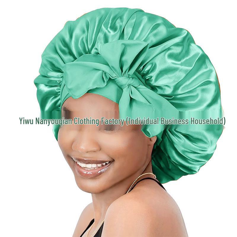 Elastische Schlaf- und Duschhaube aus Satin mit breiter Krempe für Damen – einfarbig, Größe L