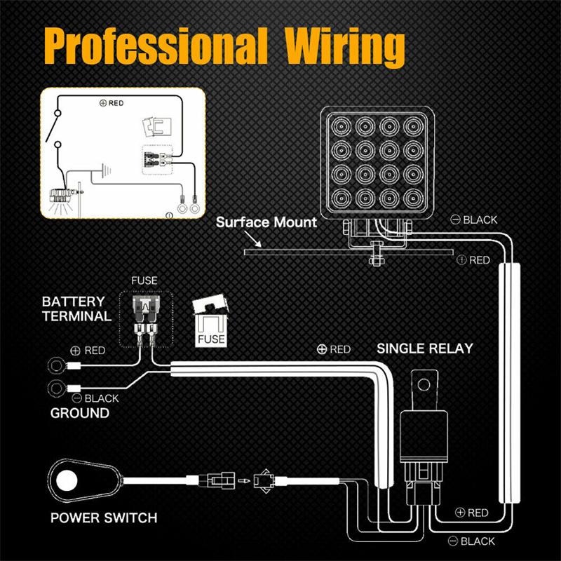 LED Light Bar Wiring Harness Kit 2 Leads 14 AWG LED Wiring Harness with 12V 40A Relay 30A Fuse Holder, Waterproof Control Switch