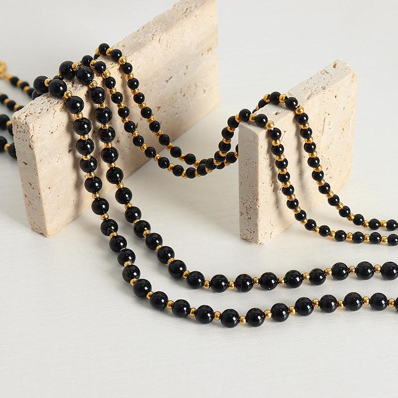 Vintage Black Agate Beaded Necklace For Women Stainless Steel OT Buckle Necklaces Elegant Woman Jewelry
