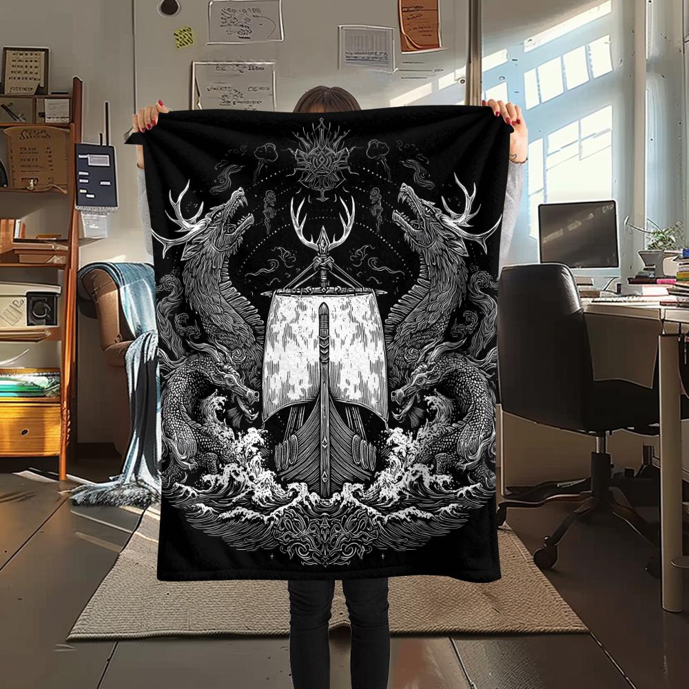 Viking Raven and Warship,pattern Flannel Blanket, High Quality Comfortable for All Seasons, Home Decor, Warmth and Comfort, Perfect for Gifts.