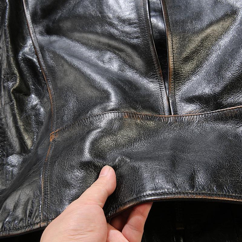 Chaqueta de moto de cuero caqui para hombre - Estilo Venom, cuello alto, piel de vaca