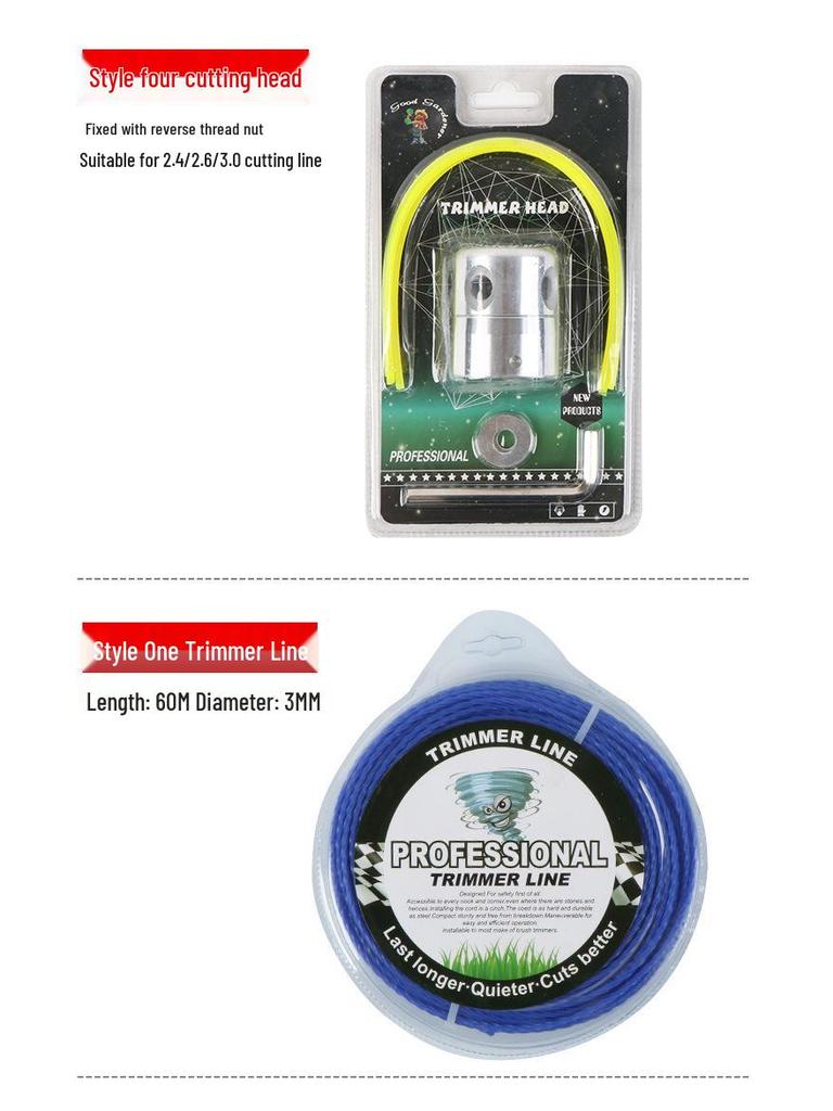 Garden Lawn Mower Accessories: Brush Cutter, Trimmer Lines, and Trimmer Heads.