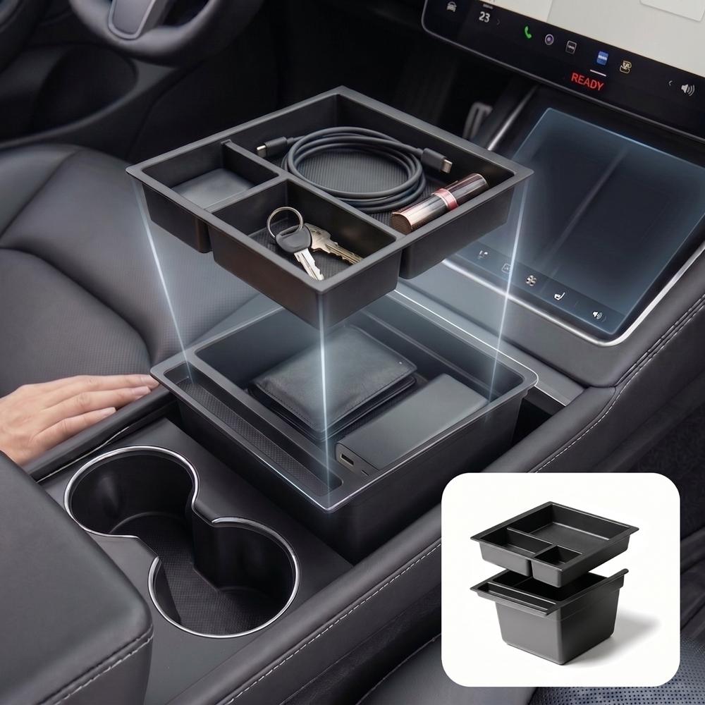Car Interior Center Console Stackable Storage Box Wireless Charging Pad Cup Coaster For Tesla Model Y Juniper 2026 Accessories