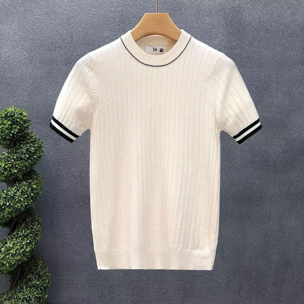 Men's Trendy Summer Breathable Knit Slim Fit Color Block Stripe Short Sleeve T-Shirt