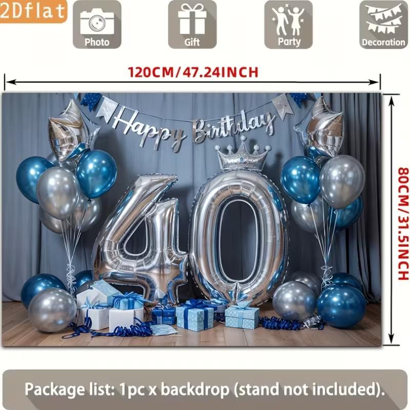 2D Blue Silver 40th Birthday Photography Backdrop Crown & Balloon Party Background