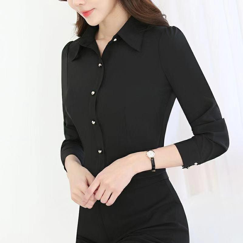 

Весна Осень Офисная Леди Элегантная Модная Рубашка Женская Блузка с Длинным Рукавом Женский Однотонный Кардиган Топы S чёрный