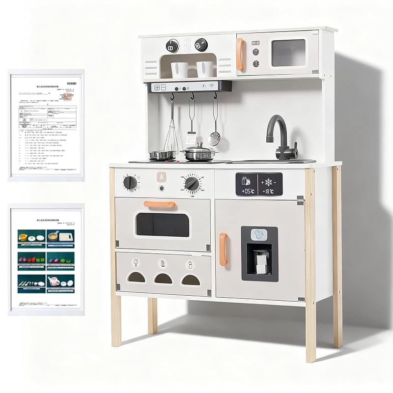 Wooden Pretend Play Kitchen [Passed Japan Food Sanitation Law Standards] Includes a Mini Kitchen with Stove and Cookware [Passed ST Standards for
